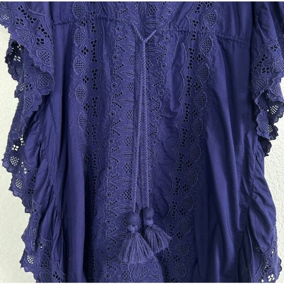 J Crew Tunic Beach Cover Up in Blue Eyelet Ruffle Tassel Lace Embroidered - Picture 4 of 6